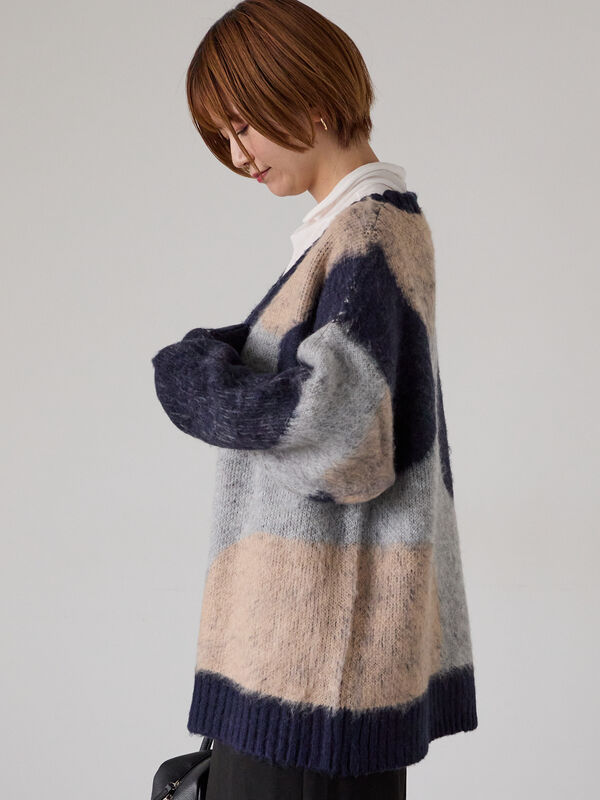 セール】 起毛ジャカードパッチワーク風Vネックカーディガン（グリーン