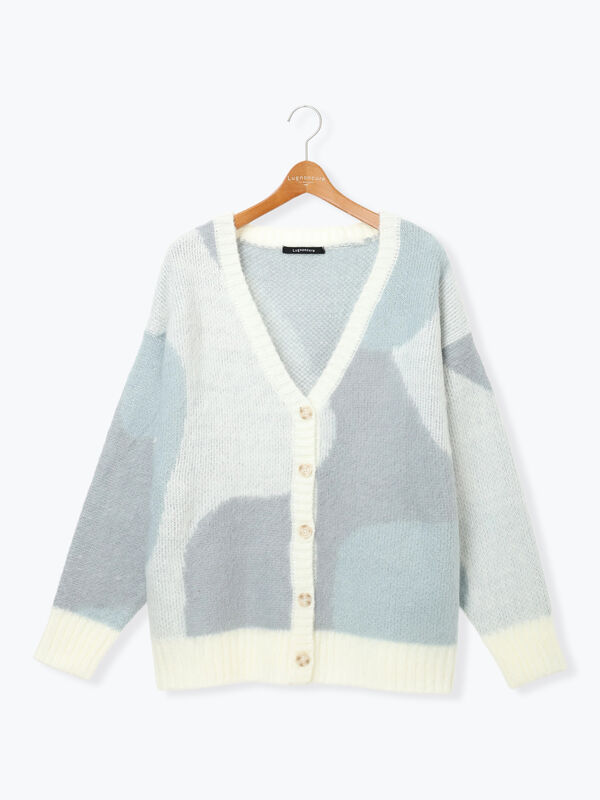 セール】 起毛ジャカードパッチワーク風Vネックカーディガン（グリーン