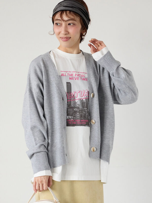 セール】 ソフトタッチニットVネックショートカーディガン（グレー