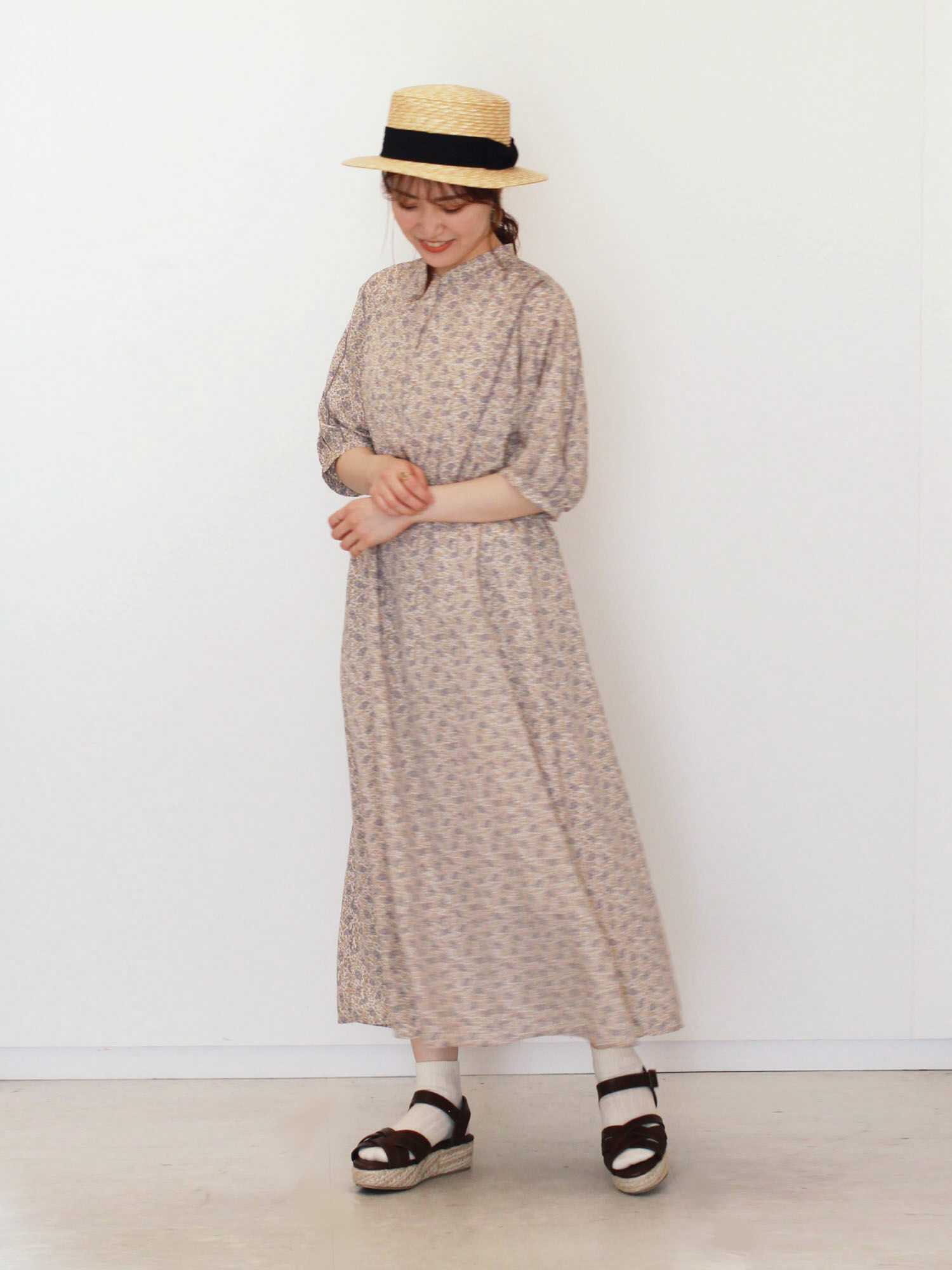 セール 花柄配色メローワンピース ブラック ベージュ ミント ワンピース Ehka Sopo エヘカソポ 公式通販