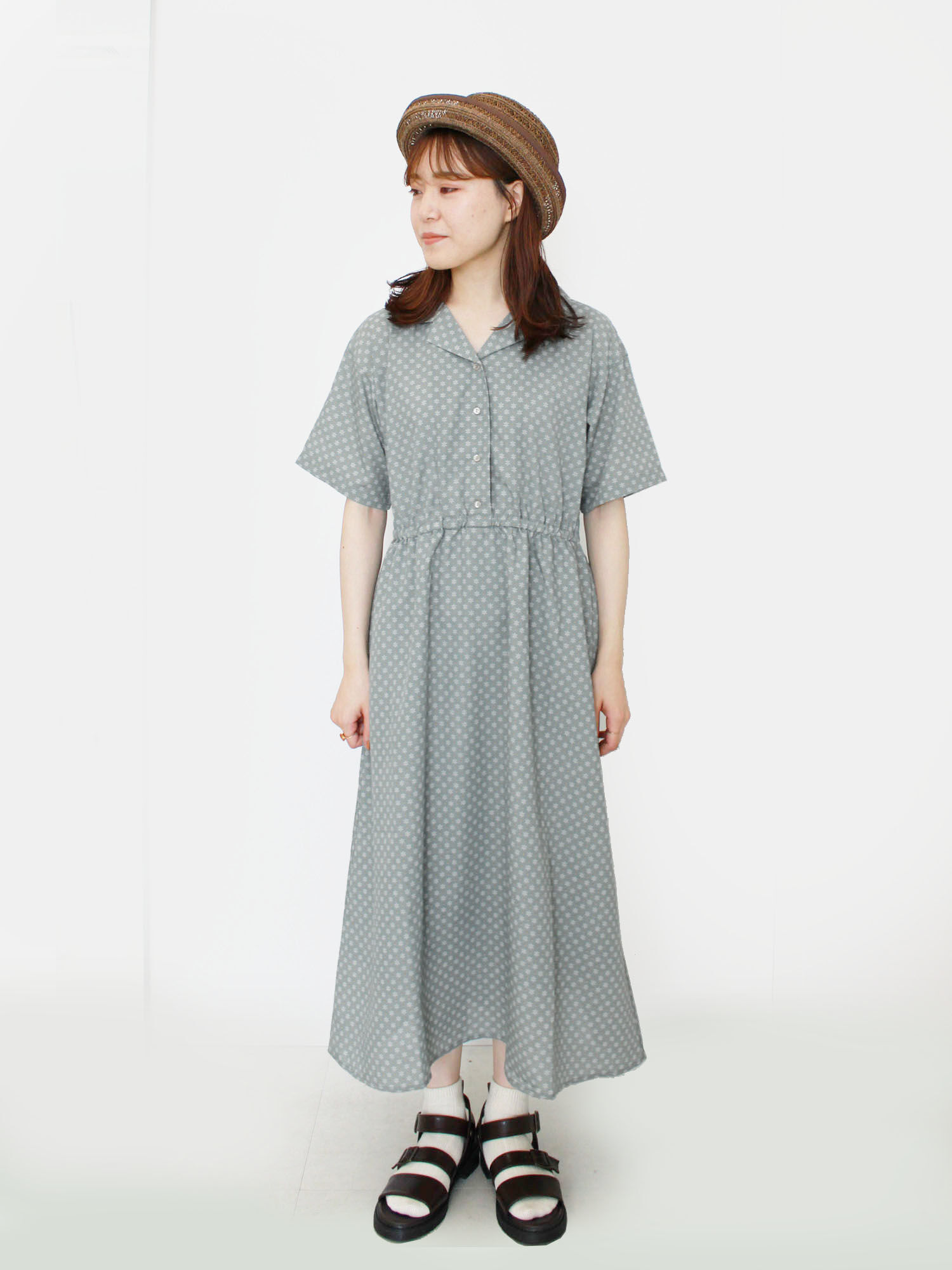 セール 幾何花柄開襟シャツワンピース ブラック グリーン ブルー ワンピース Ehka Sopo エヘカソポ 公式通販