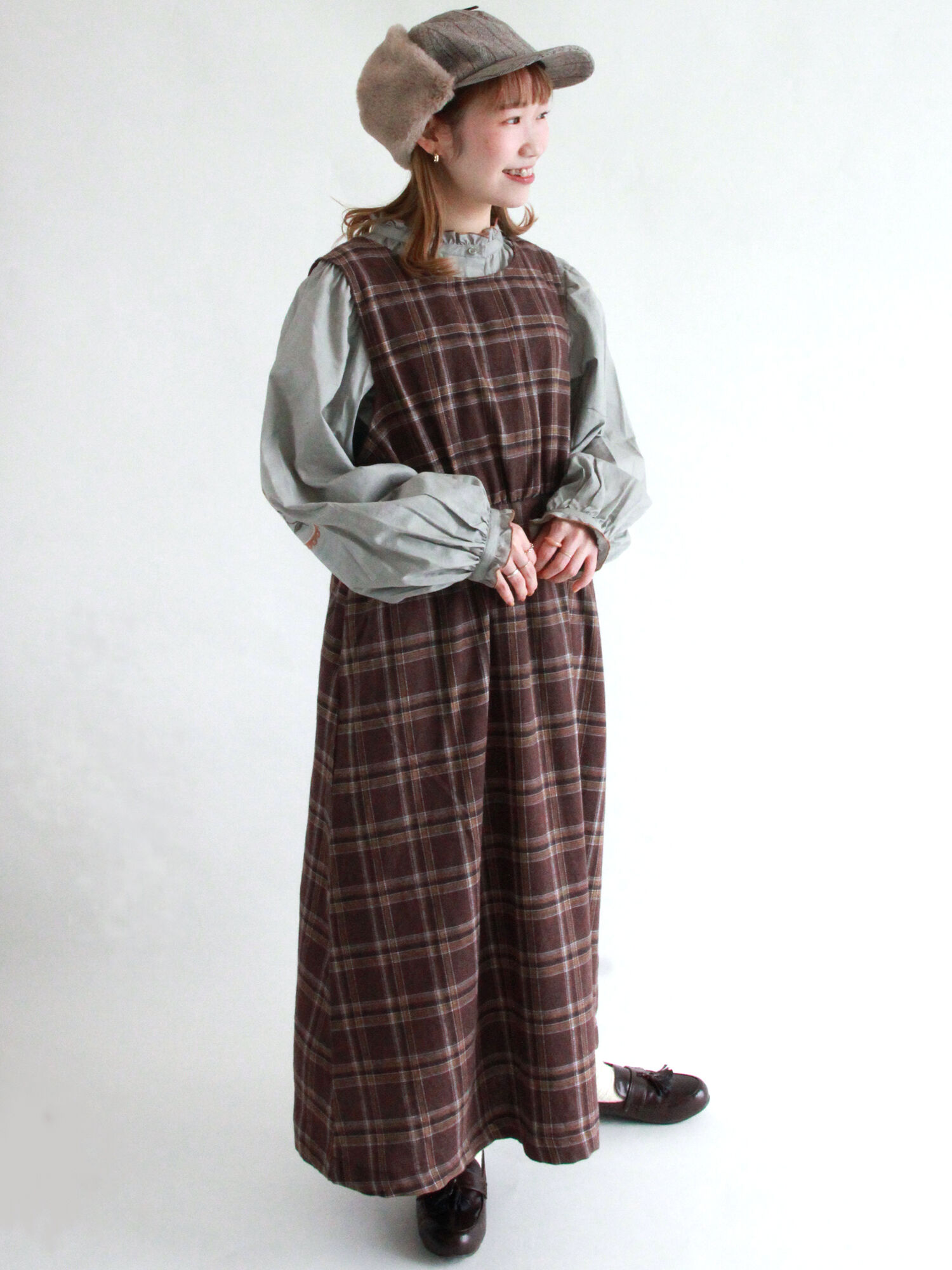 前後着チェック柄ノースリーブワンピース チャコールグレー ベージュ モカ ワンピース Ehka Sopo エヘカソポ 公式通販