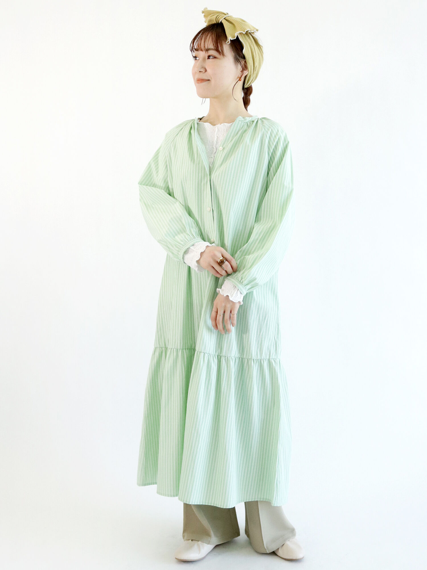 セール 裾ギャザーストライプワンピース イエロー グリーン パープル ワンピース Ehka Sopo エヘカソポ 公式通販