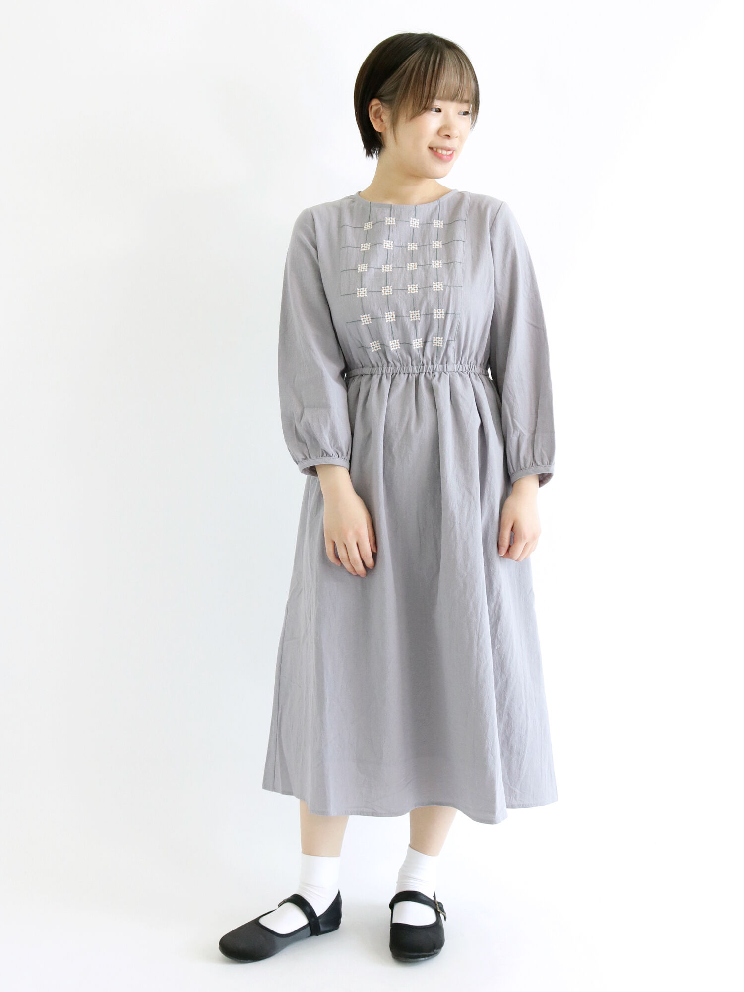 セール 幾何花柄刺繍ワンピース グレー ベージュ グリーン ワンピース Ehka Sopo エヘカソポ 公式通販