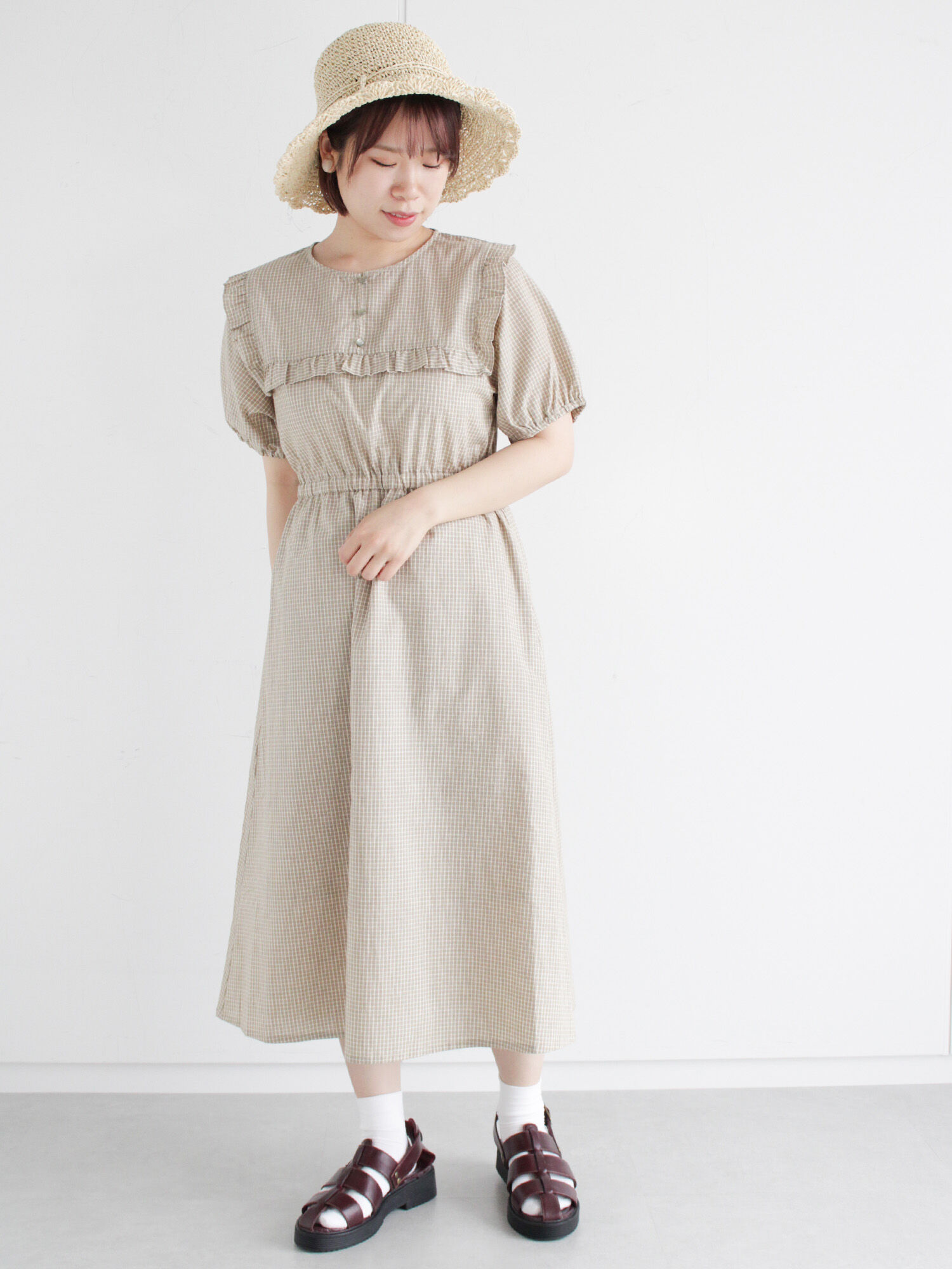 セール チェック 無地アソートフリルワンピース ベージュ グリーン キナリ ワンピース ワンピース Ehka Sopo エヘカソポ 公式通販