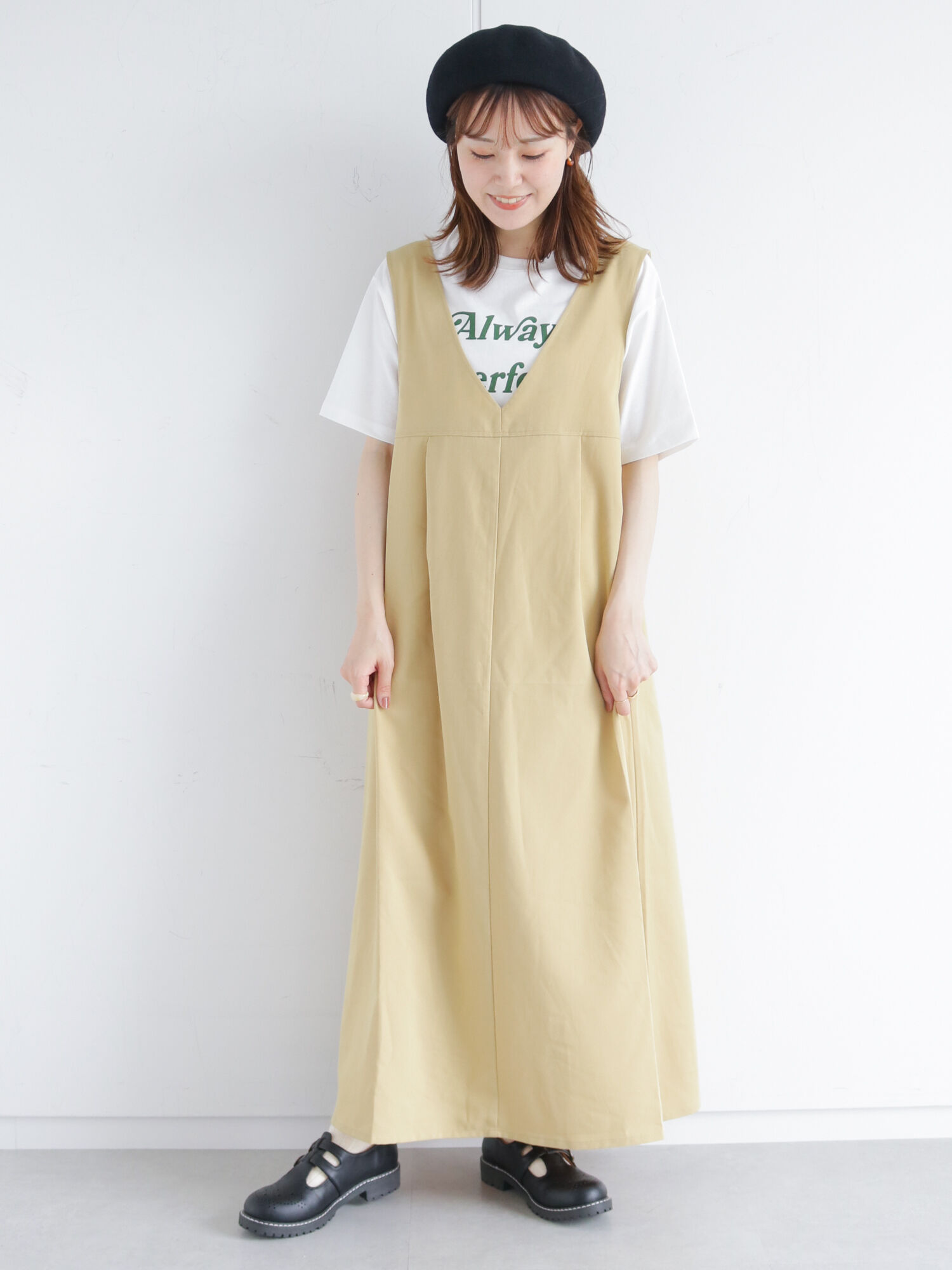 Vネックタックジャンパースカート チャコールグレー イエロー グリーン ワンピース ワンピース Ehka Sopo エヘカソポ 公式通販