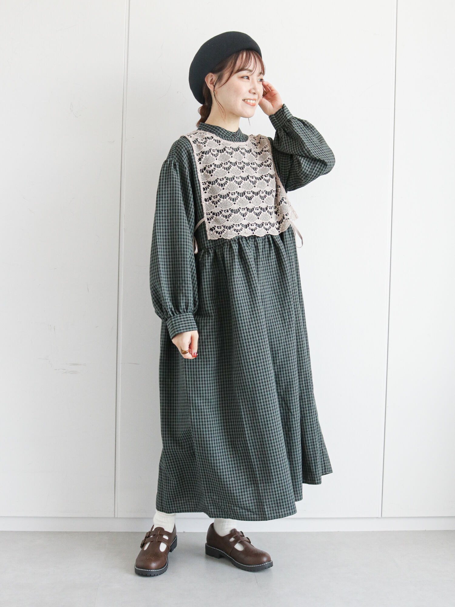 期間限定 レースベスト付チェック柄ワンピース チャコールグレー ベージュ ブラウン ワンピース ワンピース Ehka Sopo エヘカソポ 公式通販