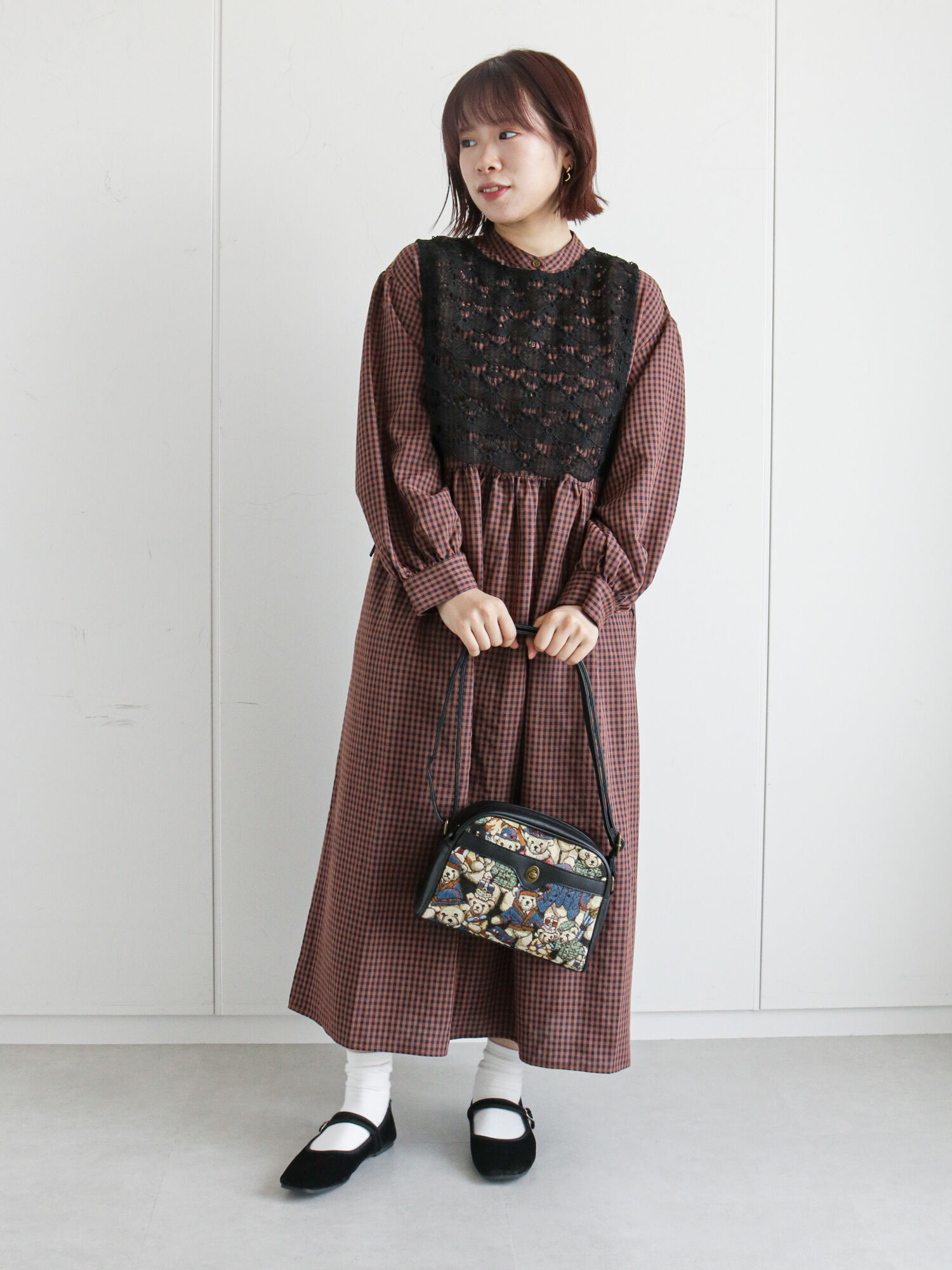 期間限定 レースベスト付チェック柄ワンピース チャコールグレー ベージュ ブラウン ワンピース ワンピース Ehka Sopo エヘカソポ 公式通販