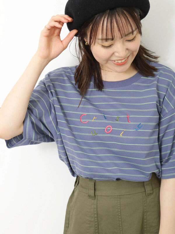 セール】 ボーダー刺繍Tシャツ（オフホワイト/チャコールグレー/ブルー