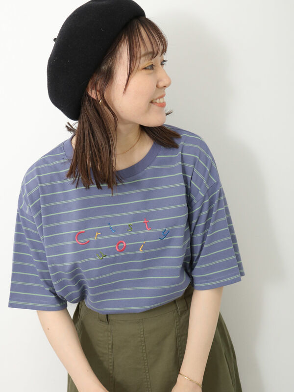 セール】 ボーダー刺繍Tシャツ（オフホワイト/チャコールグレー/ブルー