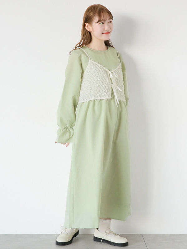 セール】 リボンキャミセットワンピース（ブラック/ベージュ/グリーン  