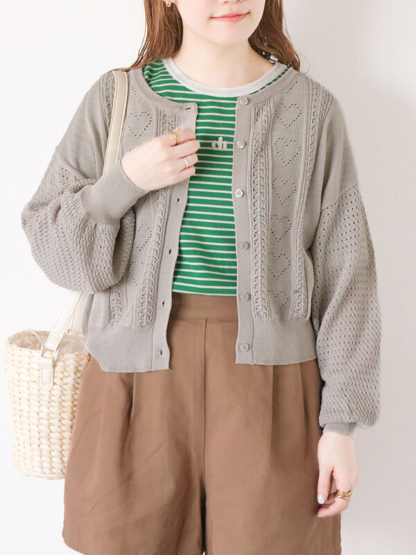 セール】 ハート透かし編みカーディガン（グレー/レッド/ミント/キナリ  
