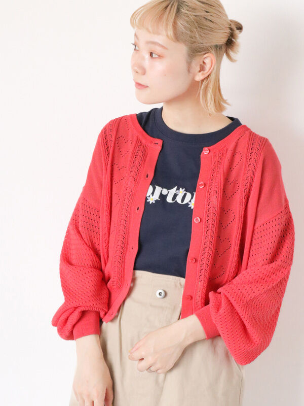 セール】 ハート透かし編みカーディガン（グレー/レッド/ミント/キナリ  