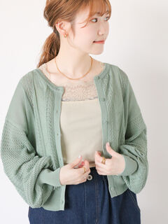 セール】 ハート透かし編みカーディガン（グレー/レッド/ミント/キナリ  