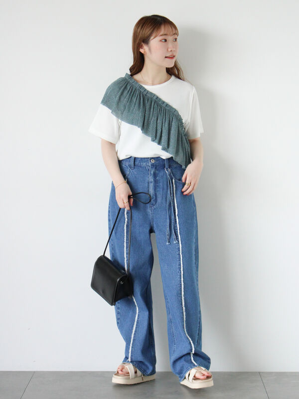 JieDa フリンジデザイン デニムパンツ ワイドパンツ JieDa フリンジ付きデニムパンツ - メルカリ