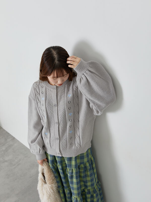 セール】 花刺繍カーディガン（グレー/ミント/ネイビー/キナリ