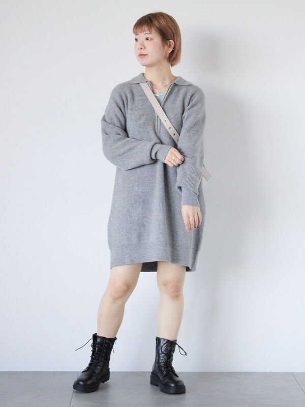 ニット セーター BIG NECK ZIP ニット レディース セール】 ◎襟付きハーフジップビッグニット（グレー/ベージュ