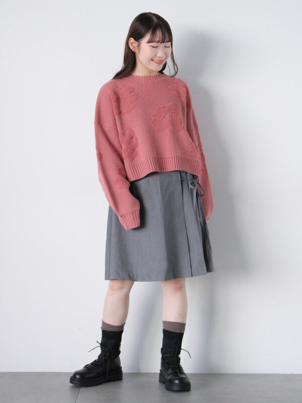 セール】 ◎ショート丈花柄ニット（グレー/ピンク/モカ/キナリ