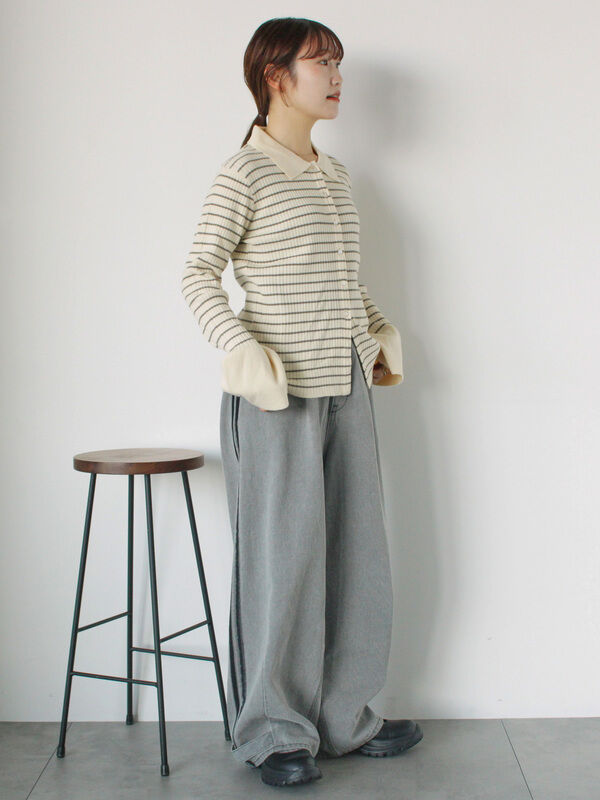 セール】 ボーダー襟付リブカーディガン（グレー/モカ/ブルー/キナリ