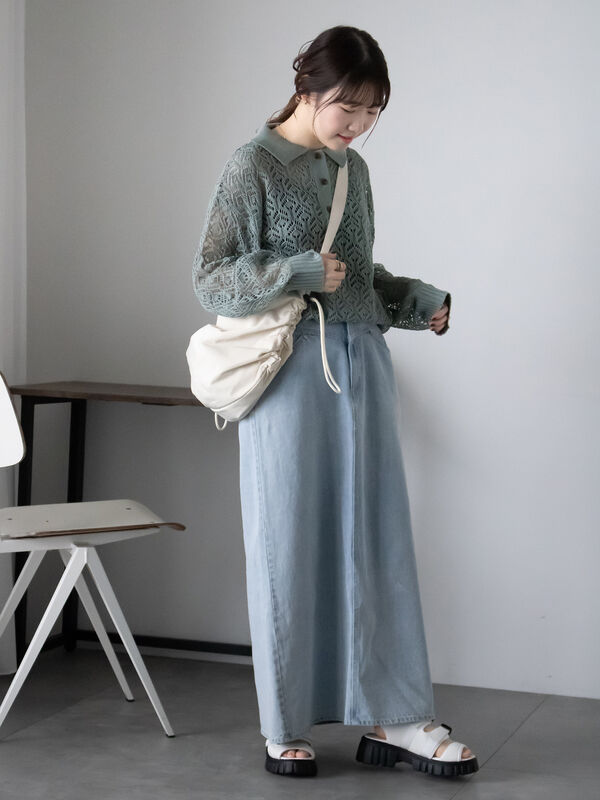 透かし編みのニットポロ セール】 透かし編みニットポロシャツ（オフホワイト/ミント