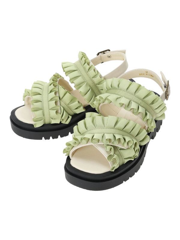 セール】 フリルサンダル（ブラック/グリーン/キナリ/シューズ/ドレス