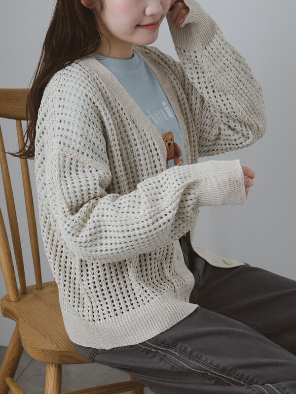 セール】 ラメメッシュVネックカーディガン（グレー/オレンジ/キナリ