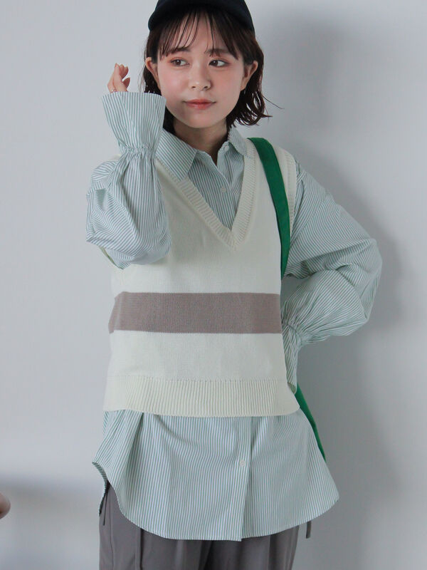 セール】 配色ラインニットベスト（オフホワイト/グレー/ブルー