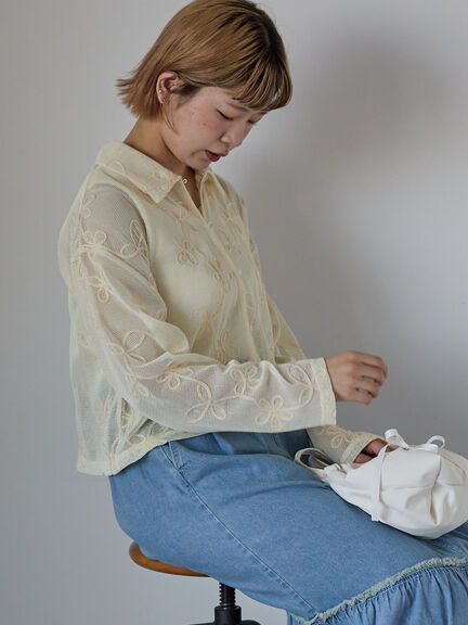 コード刺繍襟付きカーディガン（ベージュ/グリーン/ラベンダー/キナリ）｜ehka sopo（エヘカソポ）通販
