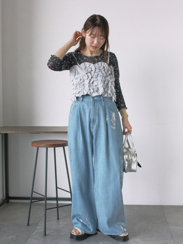 箔加工　水色　デニム 箔加工デニムパンツ（デニムパンツ）｜Per sist ence