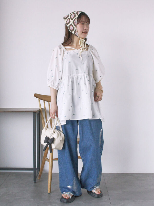 箔加工　水色　デニム セール】 箔プリントワイドデニムパンツ（グレー/サックスブルー