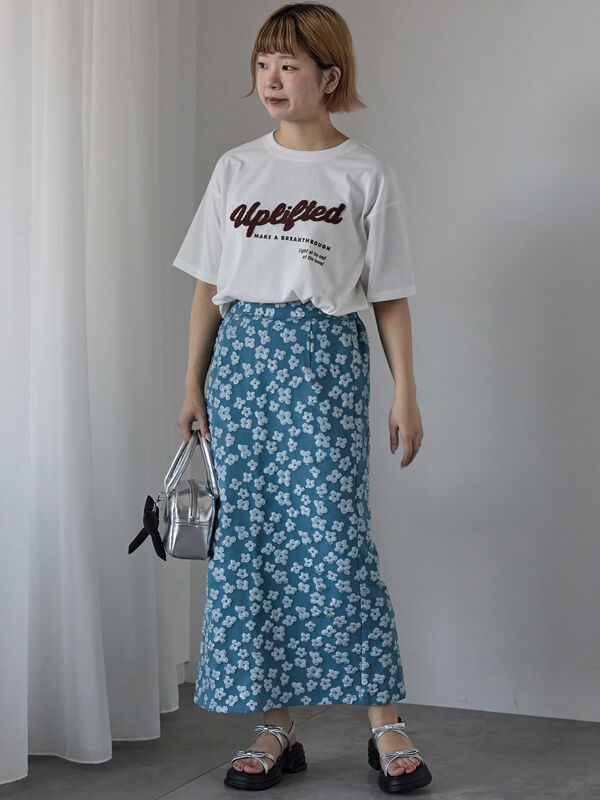 セール】 花膨れジャカードナロースカート（ブラック/ミント/サックス