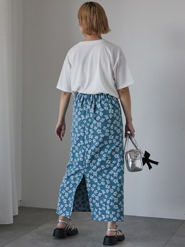 セール】 花膨れジャカードナロースカート（ブラック/ミント/サックス