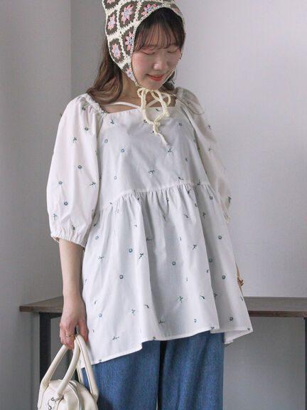 花刺繍スクエアネックブラウス（オフホワイト/ブラック/イエロー）｜ehka sopo（エヘカソポ）通販