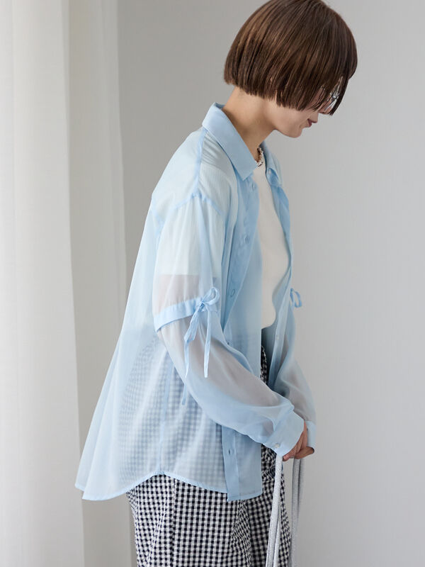 セール】 2WAY袖シアーシャツ（グレー/ピンク/グリーン/サックスブルー