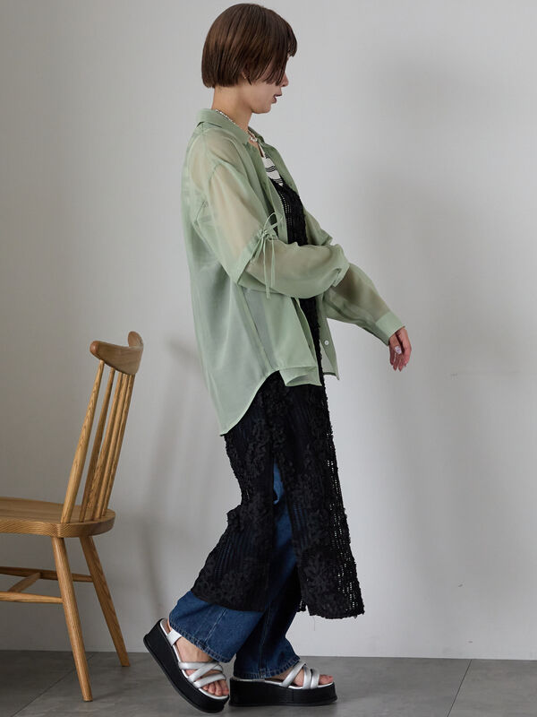 セール】 2WAY袖シアーシャツ（グレー/ピンク/グリーン/サックスブルー