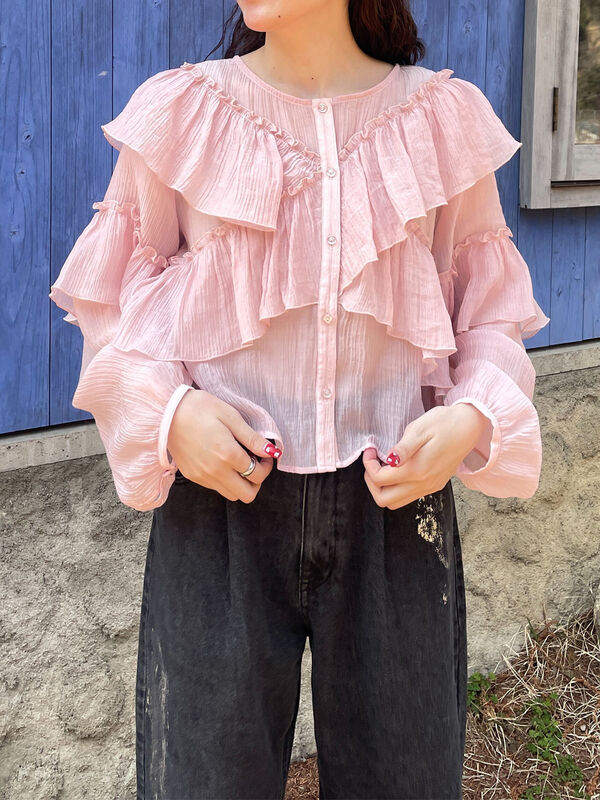 セール】 シアーフリルブラウス（オフホワイト/ブラック/ピンク