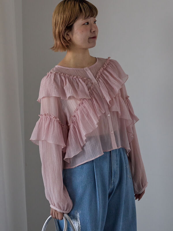 フリア━ セール】 シアーフリルブラウス（オフホワイト/ブラック/ピンク