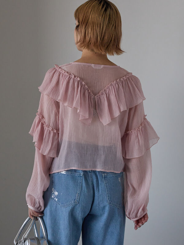 セール】 シアーフリルブラウス（オフホワイト/ブラック/ピンク