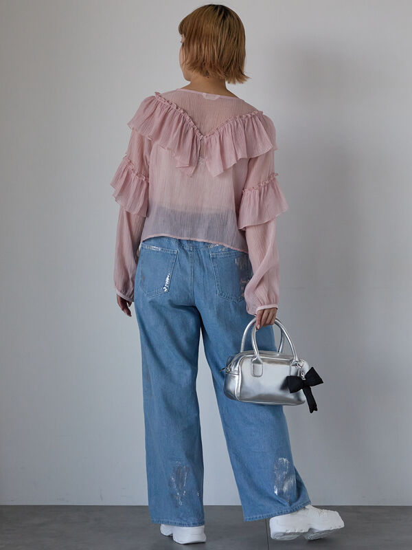 Meiruu出品 セール】 シアーフリルブラウス（オフホワイト/ブラック/ピンク