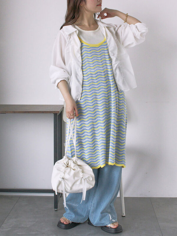 セール】 配色透かし編みキャミワンピース（オフホワイト/オレンジ