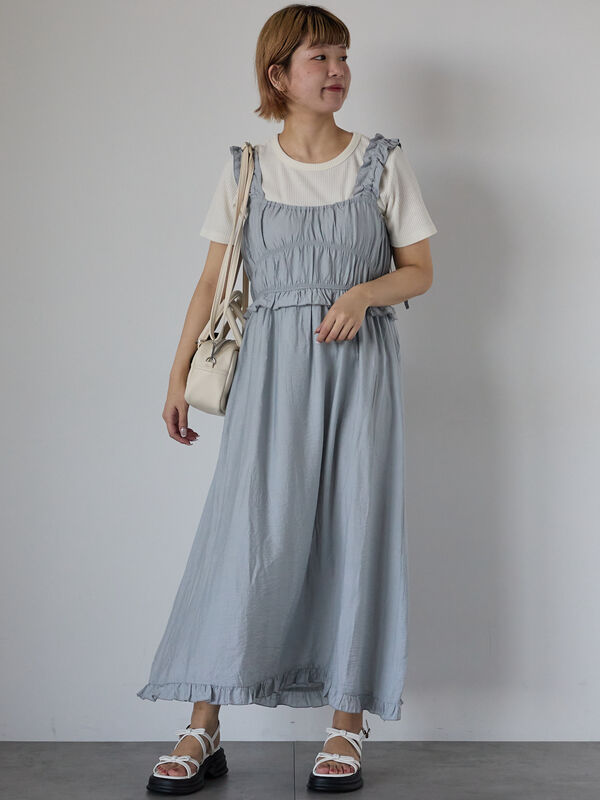 セール】 シャーリングフリルキャミワンピース（グレー/ブラック