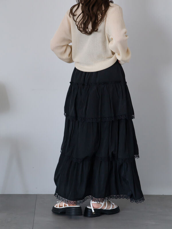 セール】 レースティアードスカート（オフホワイト/ブラック/サックス
