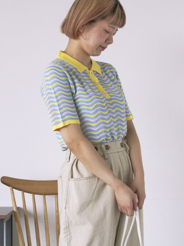 セール】 配色透かし編みポロシャツ（オフホワイト/オレンジ/サックス