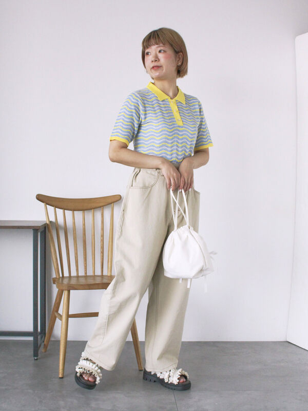 セール】 配色透かし編みポロシャツ（オフホワイト/オレンジ/サックス