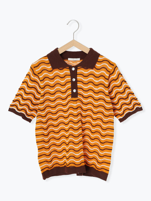 セール】 配色透かし編みポロシャツ（オフホワイト/オレンジ