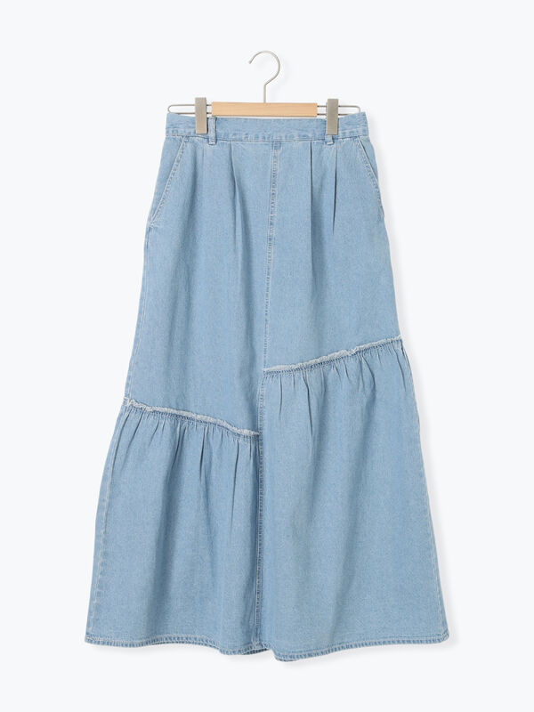 セール】 デニム切替ギャザースカート（サックスブルー/ブルー