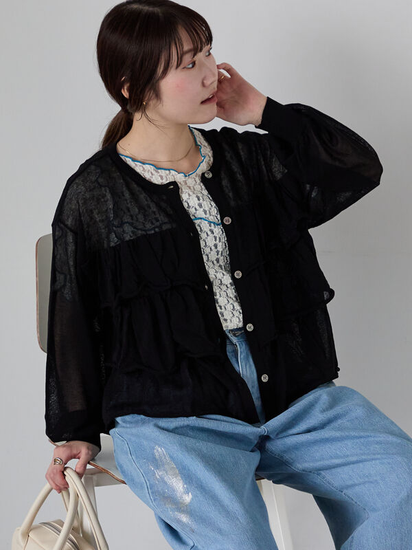 セール】 ティアードカーディガン（ブラック/オレンジ/キナリ/トップス