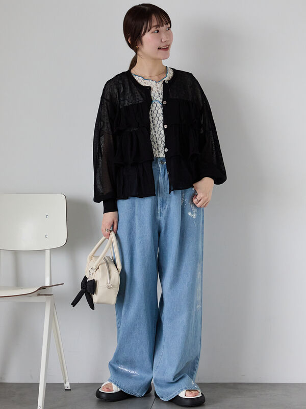 セール】 ティアードカーディガン（ブラック/オレンジ/キナリ/トップス