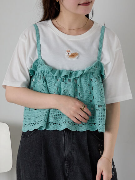 わんこ刺繍Tシャツ（オフホワイト/ピンク/グリーン）｜ehka sopo（エヘカソポ）通販