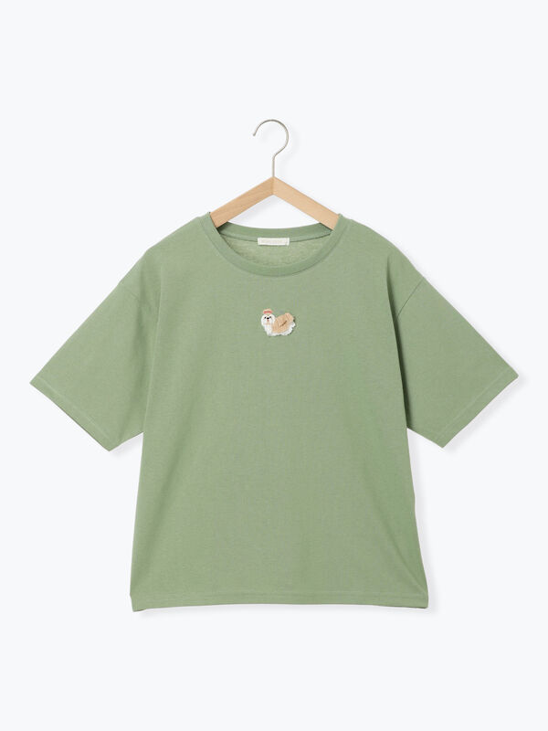 セール】 わんこ刺繍Tシャツ（オフホワイト/ピンク/グリーン